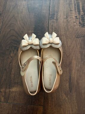 Mini Melissa Metallic Gold Mary Jane Ballet Flats with Glitter Bows